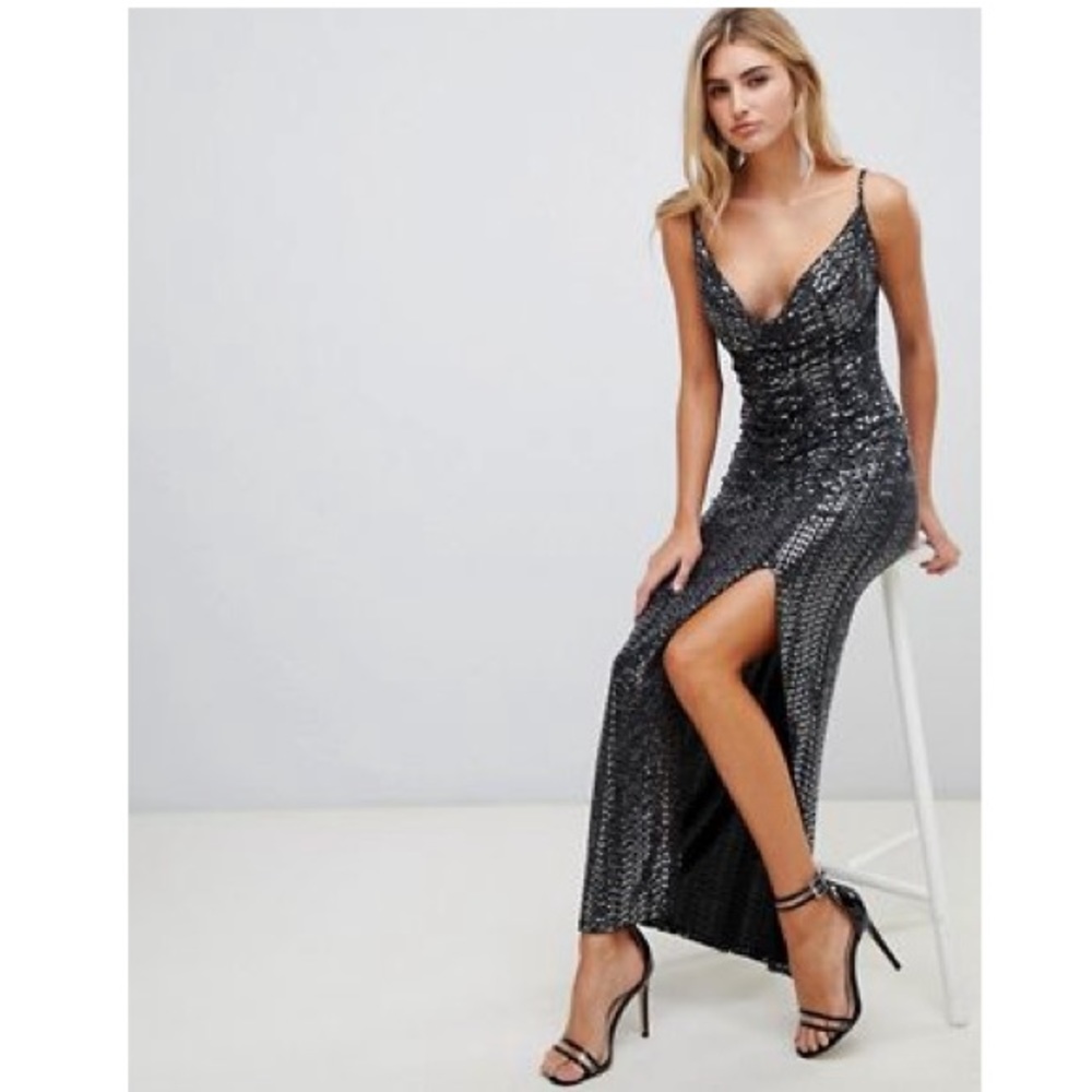 Missguided sequin cowl neck maxi dress with side split in black, US Size 8